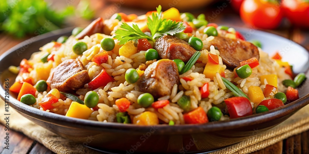 Macro Close-up of Savory Rice Dish with Meat and Vegetables Macro Close-up of Savory Rice Dish with Meat and Vegetables