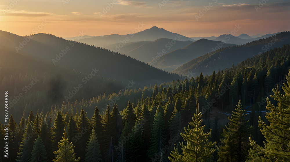 Obraz premium Sunset Mountain Range Evergreen Forest Landscape Serene View Golden Hour