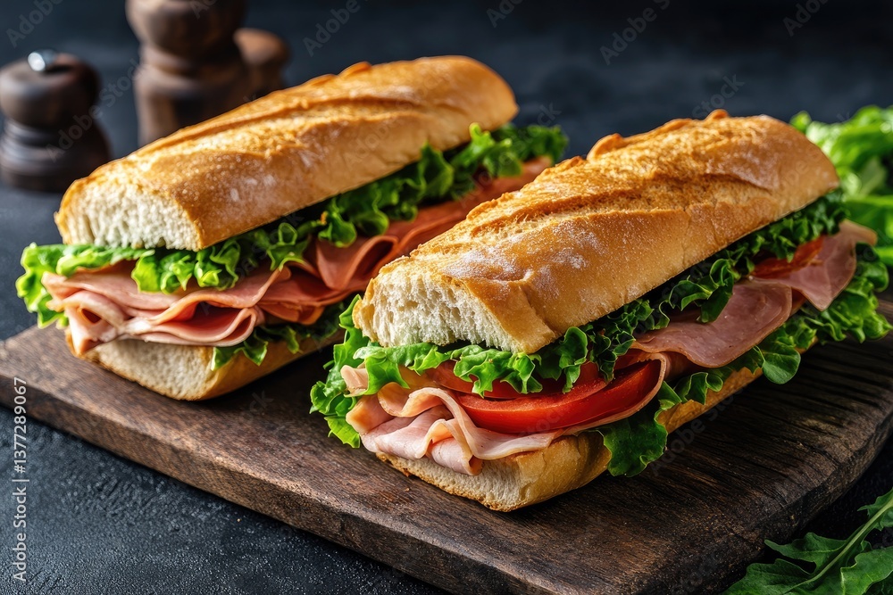 Two gourmet ham sandwiches on crusty baguettes, with lettuce and tomato Two gourmet ham sandwiches on crusty baguettes, with lettuce and tomato
