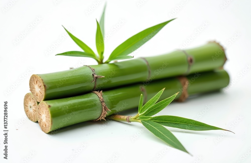 Fototapeta premium Close-up studio shot of green bamboo stems with leaves isolated on white. Natural, fresh, spa, eco concepts. Asian, zen, tropical themes. Ideal for wellness, cosmetic industry, eco-friendly design.