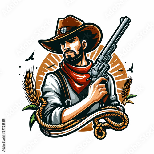"Chat noir en colère buvant du café dans un style graphique vectoriel de dessin animé, avec un logo d'homme cowboy en clipart sur fond blanc, illustration d'emblème coloré au format EPS10, parfaite po