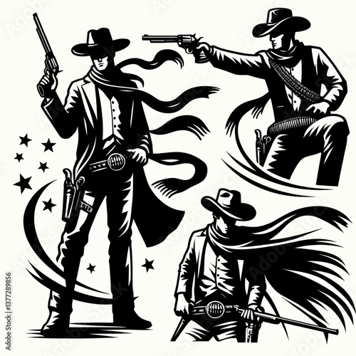 "Wütende schwarze Katze, die Kaffee trinkt, im Cartoon-Vektor-Grafikstil, mit einem Cowboy-Mann-Logo-ClipArt auf weißem Hintergrund, bunte Emblem-Illustration im EPS10-Format, perfekt für Poster 