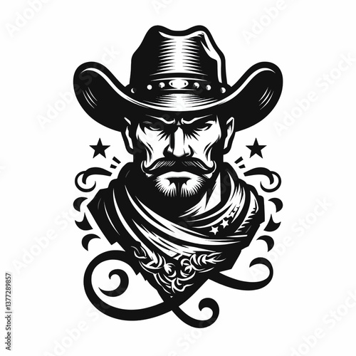 "Wütende schwarze Katze, die Kaffee trinkt, im Cartoon-Vektor-Grafikstil, mit einem Cowboy-Mann-Logo-ClipArt auf weißem Hintergrund, bunte Emblem-Illustration im EPS10-Format, perfekt für Poster 