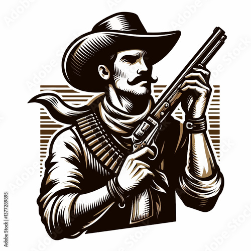 Gato preto zangado bebendo café em um estilo gráfico vetorial de desenho animado, com um logotipo de homem cowboy em clipart sobre fundo branco, ilustração de emblema colorido no formato EPS10