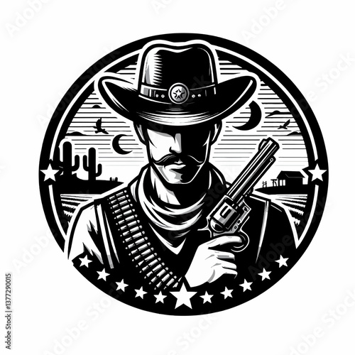 Gato negro enojado bebiendo café en un estilo gráfico vectorial de caricatura, con un logotipo de hombre vaquero en clipart sobre fondo blanco, ilustración de emblema colorido en formato EPS10, ideal