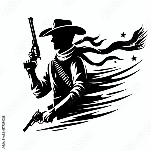 Gato negro enojado bebiendo café en un estilo gráfico vectorial de caricatura, con un logotipo de hombre vaquero en clipart sobre fondo blanco, ilustración de emblema colorido en formato EPS10, ideal