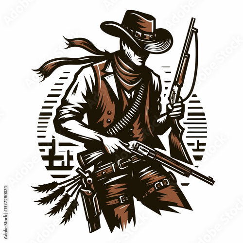 Gato preto zangado bebendo café em um estilo gráfico vetorial de desenho animado, com um logotipo de homem cowboy em clipart sobre fundo branco, ilustração de emblema colorido no formato EPS10
