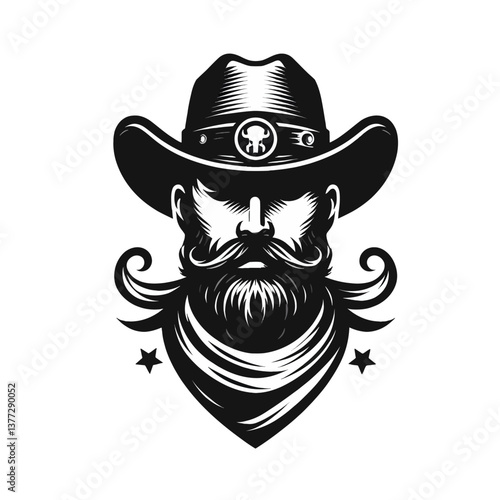 Gato negro enojado bebiendo café en un estilo gráfico vectorial de caricatura, con un logotipo de hombre vaquero en clipart sobre fondo blanco, ilustración de emblema colorido en formato EPS10, ideal