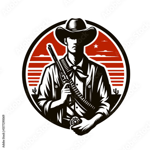 Gato negro enojado bebiendo café en un estilo gráfico vectorial de caricatura, con un logotipo de hombre vaquero en clipart sobre fondo blanco, ilustración de emblema colorido en formato EPS10, ideal