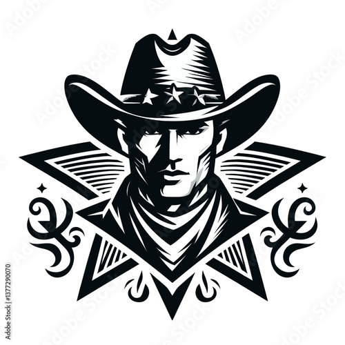 Gato negro enojado bebiendo café en un estilo gráfico vectorial de caricatura, con un logotipo de hombre vaquero en clipart sobre fondo blanco, ilustración de emblema colorido en formato EPS10, ideal