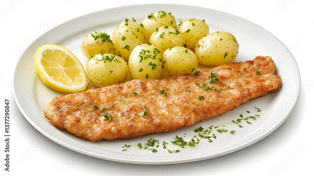 Delicious fried zander fish served with parsley potatoes and a slice of lemon on a white plate Delicious fried zander fish served with parsley potatoes and a slice of lemon on a white plate
