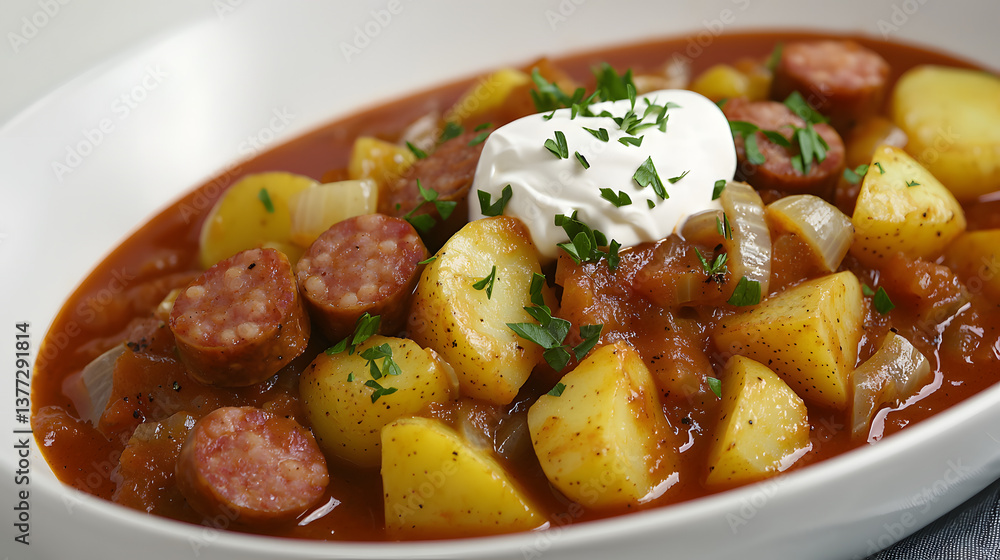 Delicious Austrian Potato Goulash with Diced Potatoes, Sausages, Onions, and a Creamy Topping Delicious Austrian Potato Goulash with Diced Potatoes, Sausages, Onions, and a Creamy Topping