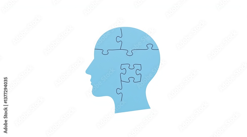A blue human head constructed of jigsaw puzzle pieces is visible A blue human head constructed of jigsaw puzzle pieces is visible
