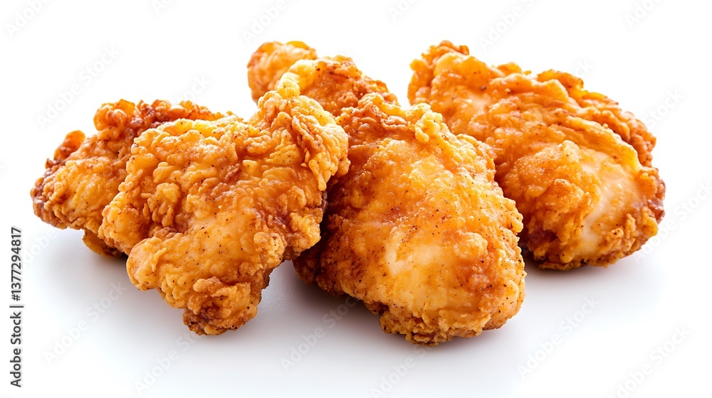 A close up shot of golden crispy fried chicken on a white surface A close up shot of golden crispy fried chicken on a white surface