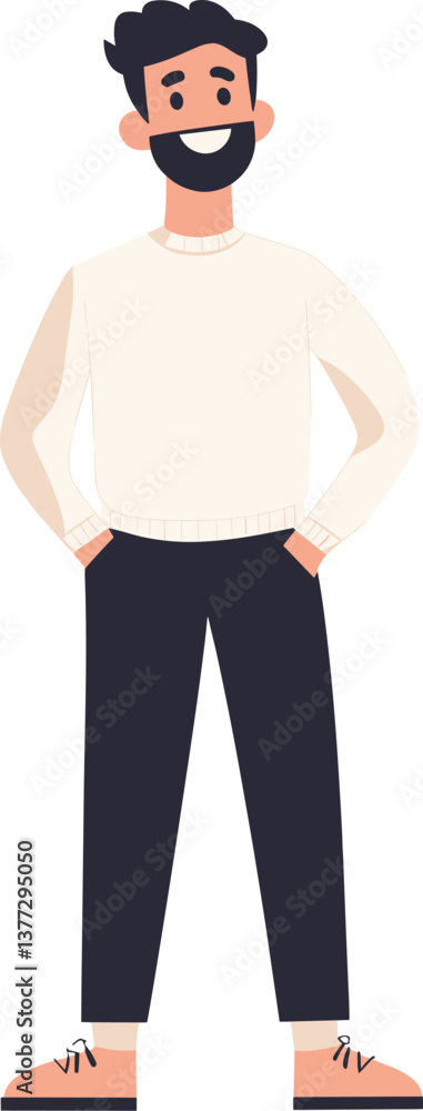 Smiling young man standing confidently in casual attire with hands in pockets cartoon isolated on transparent background. Vector illustration. Smiling young man standing confidently in casual attire with hands in pockets cartoon isolated on transparent background. Vector illustration.