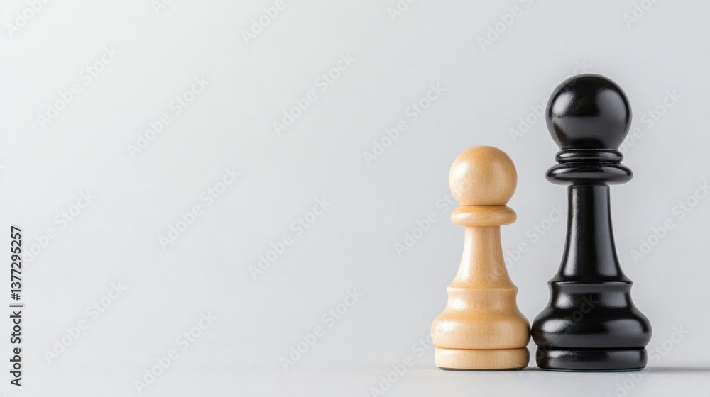 Close-Up of Wooden Chess Pawns in Black and White Colors on Minimalist Background for Conceptual Representation Close-Up of Wooden Chess Pawns in Black and White Colors on Minimalist Background for Conceptual Representation