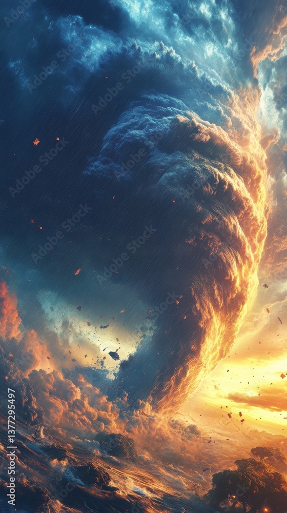 Fototapeta premium Dramatic depiction of a massive tornado with swirling clouds and fiery elements
