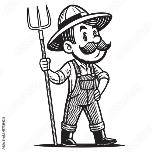 Farmer Holding Pitchfork cartoon drawing vector illustration