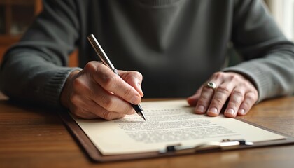 Person signs Last Will and Testament document. Legal paperwork concept, close-up of hand with pen, making inheritance plan. Estate planning, financial assets, power of attorney, family protection.