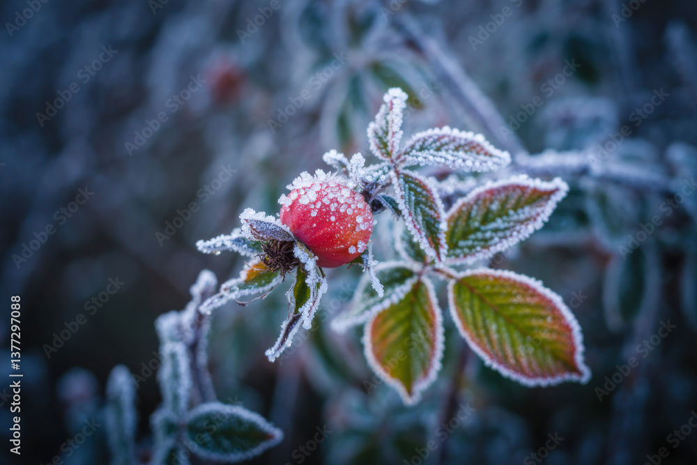 Fototapeta premium Hoarfrost On Rose Hip