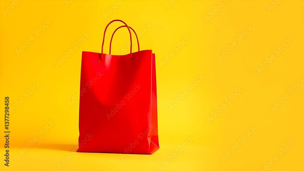 a red paper shopping bag in a yellow color background a red paper shopping bag in a yellow color background