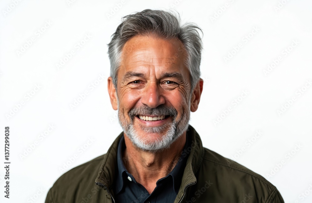 Smiling senior man portrait against white background. Mature male with grey hair and beard looks at camera. Happy elderly person wearing casual shirt. Headshot, studio shot. Smiling senior man portrait against white background. Mature male with grey hair and beard looks at camera. Happy elderly person wearing casual shirt. Headshot, studio shot.