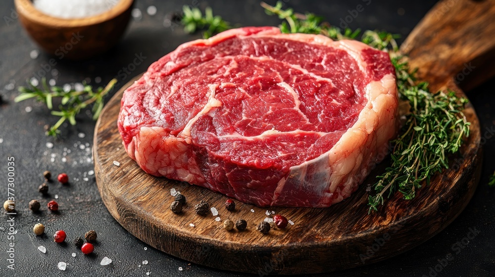 Raw Ribeye Steak on Wooden Cutting Board Raw Ribeye Steak on Wooden Cutting Board