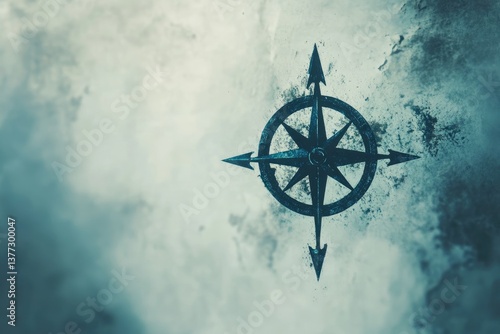 Vintage compass in a stormy sky.  A weathered compass, dark blue metal, sits amid a moody, cloudy sky.  Intricate detail visible in the compass, directional arrows pointed outward.  