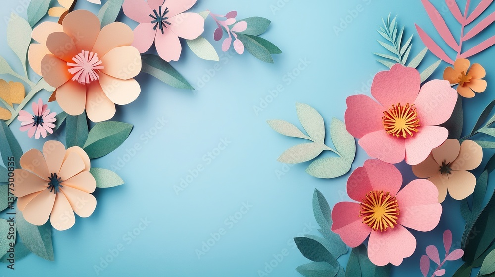 Vibrant paper-cut floral abstract on blue-green pastel wall, 3D rendered spring/summer wallpaper with copy space, modern decorative background design. Vibrant paper-cut floral abstract on blue-green pastel wall, 3D rendered spring/summer wallpaper with copy space, modern decorative background design.