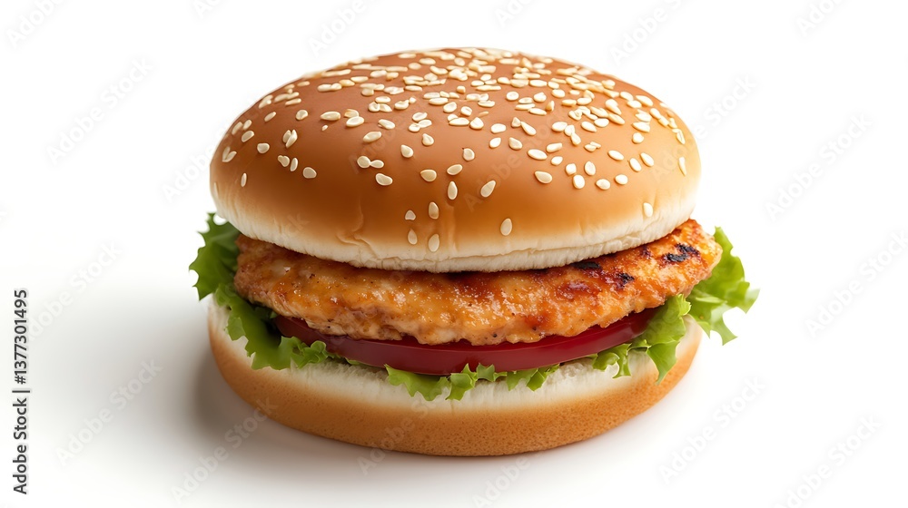 Isolated chicken burger with sesame bun tomato and lettuce on white Isolated chicken burger with sesame bun tomato and lettuce on white
