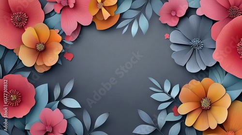 Wallpaper Mural Vibrant paper-cut floral flat lay on grey background with copy space, 3D rendered high-definition paper art design for text placement and creative projects. Torontodigital.ca