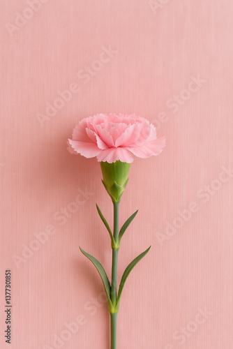 Single pink carnation on soft pink striped background – ピンクのストライプ背景に咲く一輪のカーネーション