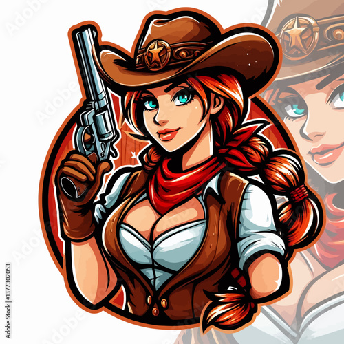 "Logo graficzne wektorowe dziewczyny kowbojki w stylu western, kolorowa ilustracja emblematu w formacie EPS10, idealna do odważnego brandingu w tematyce western."