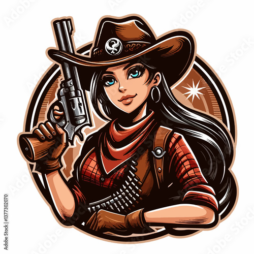 "Logotipo gráfico vectorial de chica vaquera del oeste en estilo póster, una ilustración de emblema colorido en formato EPS10, ideal para branding temático del oeste audaz."