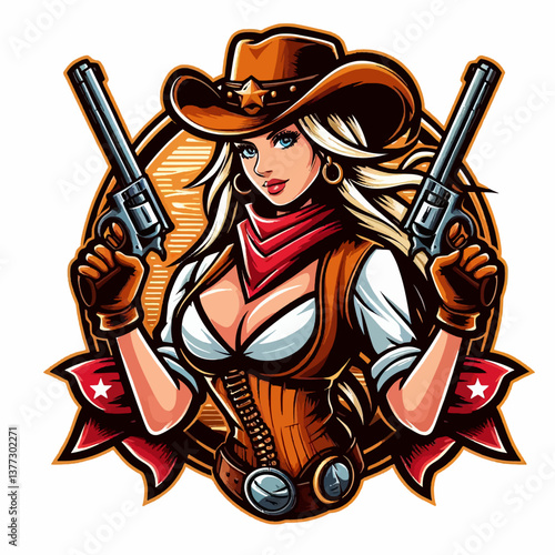 "Logotipo gráfico vetorial de garota cowboy do oeste em estilo pôster, uma ilustração de emblema colorido no formato EPS10, ideal para branding temático de faroeste ousado."