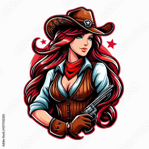 "Logotipo gráfico vectorial de chica vaquera del oeste en estilo póster, una ilustración de emblema colorido en formato EPS10, ideal para branding temático del oeste audaz."