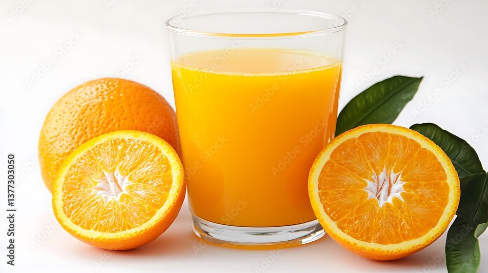 A glass of orange juice with oranges and leaves on a white surface A glass of orange juice with oranges and leaves on a white surface