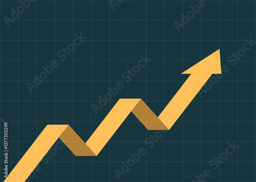 yellow business arrow graph rising up consistently behind the grid with dark blue background represents business growth and trading profits flat design