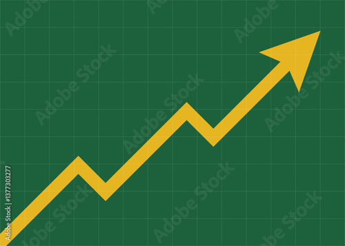yellow business arrow graph rising up consistently behind the grid with green background represents business growth and trading profits