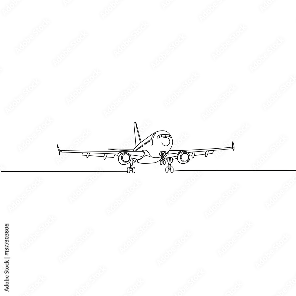 Airplane taking off in minimalist line art style on white background Airplane taking off in minimalist line art style on white background