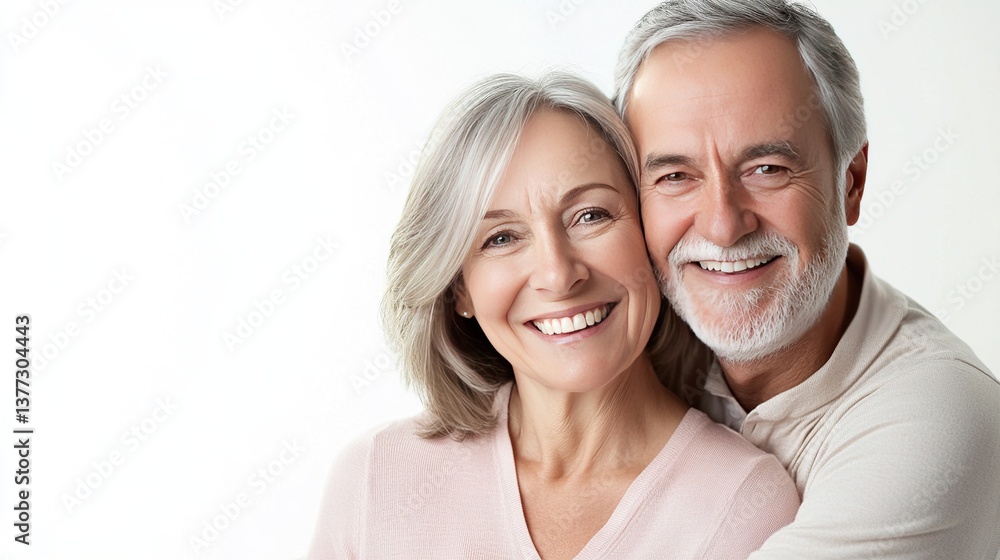 Smiling gray-haired senior couple embracing in close-up portrait on white background with copy space, perfect for mature beauty product ads and lifestyle concepts. Smiling gray-haired senior couple embracing in close-up portrait on white background with copy space, perfect for mature beauty product ads and lifestyle concepts.