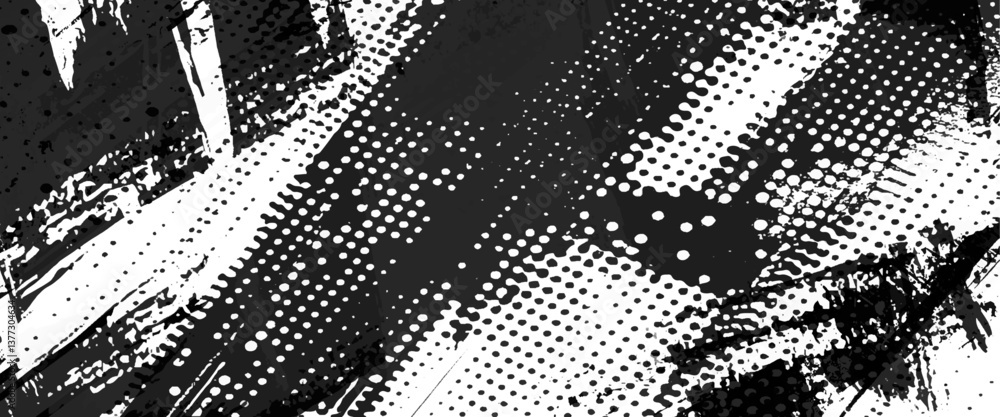 Vector modern abstract black splat grunge background with halftone dots pattern texture.