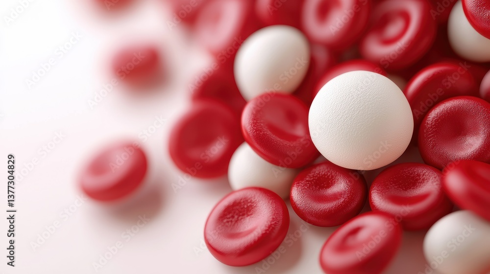 A close-up view of red and white blood cells, showcasing their distinct colors and shapes, representing the human circulatory system. A close-up view of red and white blood cells, showcasing their distinct colors and shapes, representing the human circulatory system.