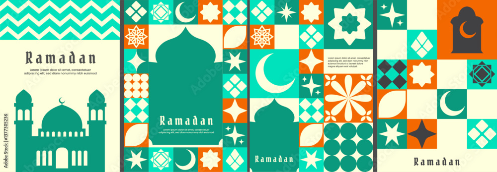 Modern Geometric Ramadan Poster Template with Bold Abstract Patterns, Islamic greeting card template with ramadan for wallpaper design. Modern Geometric Ramadan Poster Template with Bold Abstract Patterns, Islamic greeting card template with ramadan for wallpaper design.