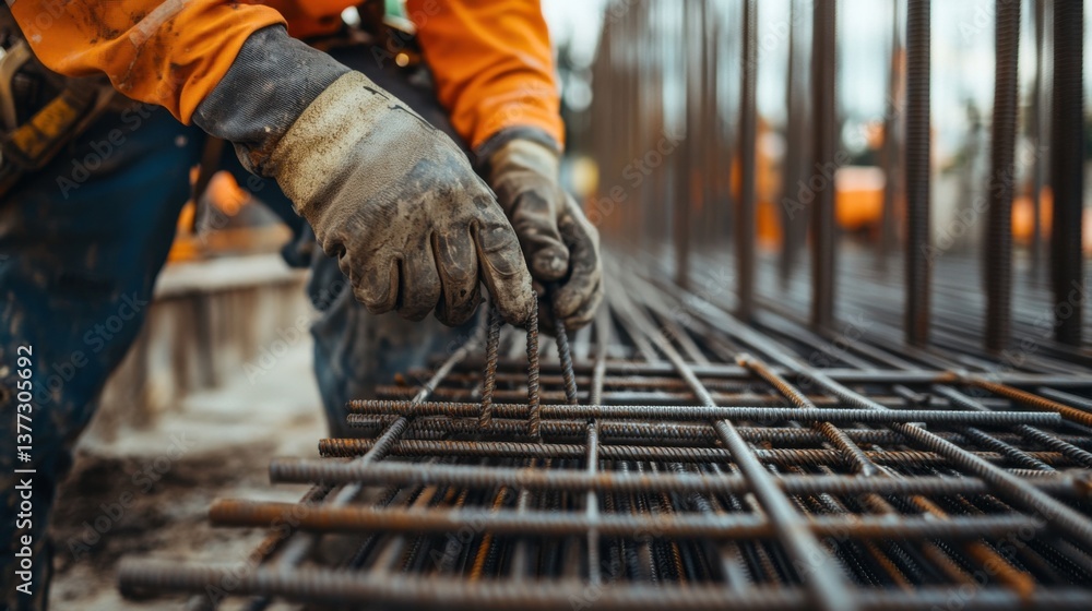A construction worker securing steel rebar in concrete formwork. Featuring attention to detail and teamwork A construction worker securing steel rebar in concrete formwork. Featuring attention to detail and teamwork