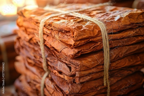 Stacked Dried Tobacco Leaves Tied with Rope
