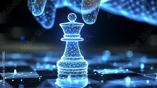Digital hand moves queen chess piece on glowing board