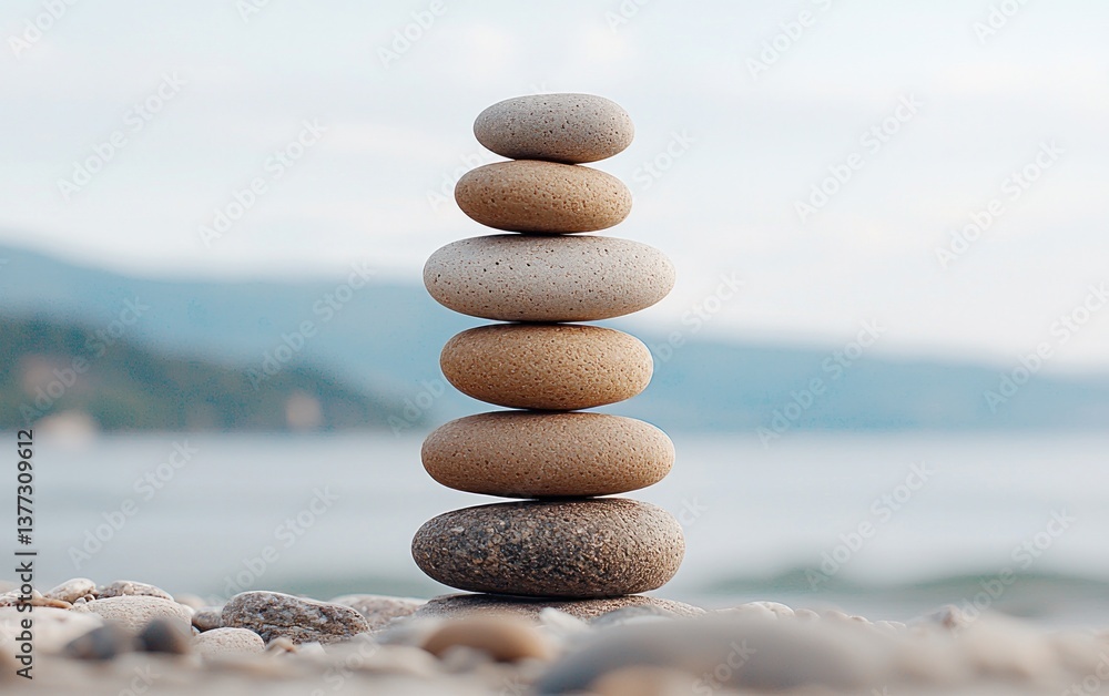Fototapeta premium Stack of seven smooth, textured stones in neutral earth tones balanced on a beach with a blurred ocean and mountain background. Soft, natural lighting