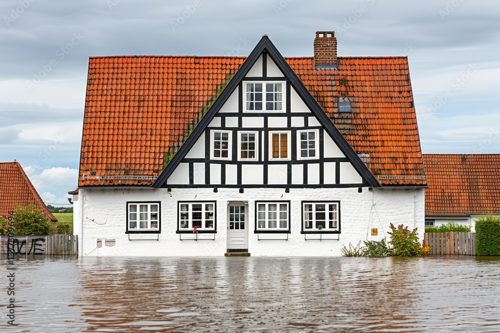 A house with a distinctive architectural style is partially submerged in floodwaters, illustrating the impact of severe flooding in the area. A house with a distinctive architectural style is partially submerged in floodwaters, illustrating the impact of severe flooding in the area.