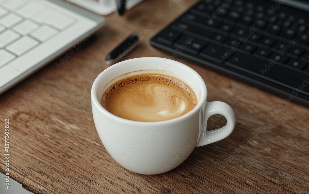 White cup of coffee with latte art on a wooden desk with keyboard in the background White cup of coffee with latte art on a wooden desk with keyboard in the background